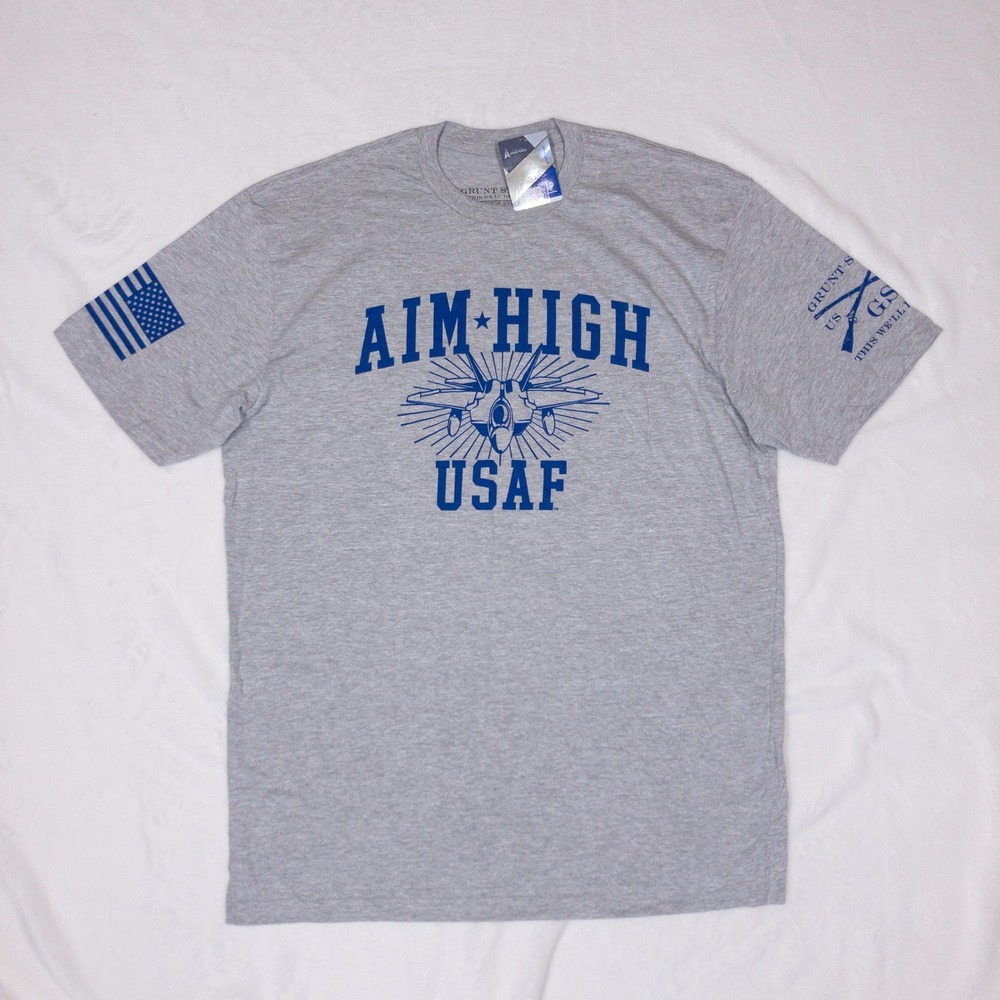 Grunt Style T-Shirt Mens Large Gray Short Sleeve Aim High USAF Fighter Jet
